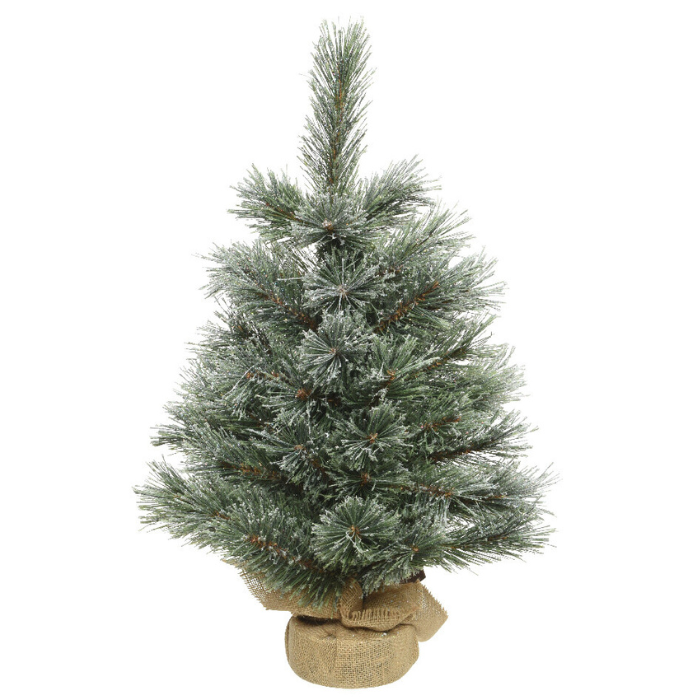 Groene mini kerstboom Cashmere in juten voet sneeuw op takken H 45 cm