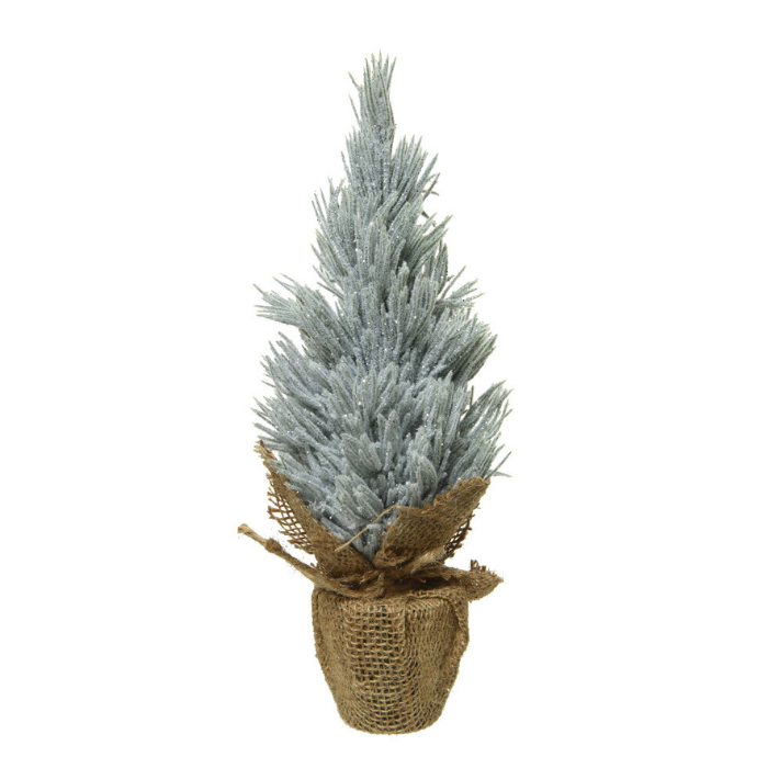 Groenwitte mini boom frosted met jute voet hoogte 30 cm