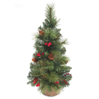 Kleine groene kunstkerstboom Everyday miniature dennenappels rode besjes H 46 cm jute voet