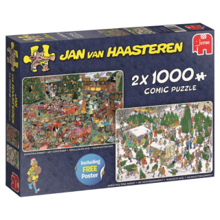 Blauwe doos legpuzzel Jan van Haasteren Het Kerstdiner De kerstbomenmarkt 2x1000