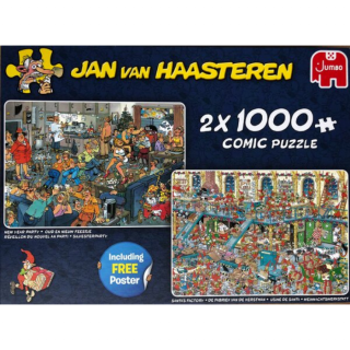 Blauwe doos 2 legpuzzels Jan van Haasteren oud nieuw fabriek kerstman 1000 stukjes