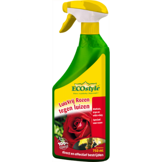 Groene fles gele spuitkop ECOstyle Luisvrij Rozen spray 750 ml