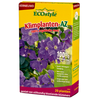 Gele doos met ECOstyle Klimplanten AZ mest 800 gr paarse Clematis