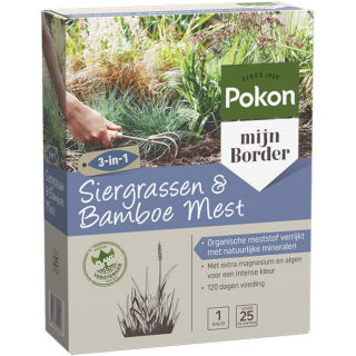 Zijkant grijs paarse doos Pokon Siergrassen & Bamboe Mest 1kg