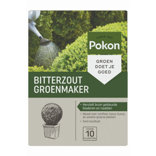 Voorkant groengrijze kartonnen doos Pokon Bitterzout Groenmaker 500 gram