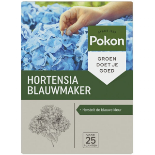 Grijs groene doos Pokon hortensia blauwmaker 500gr met blauwe hortensia