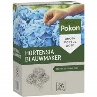 Zijkant grijsgroene doos Pokon hortensia blauwmaker 500gr met blauwe hortensia