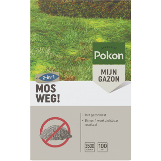 Grijze doos Pokon Mos weg 2 in 1 3500 gram groen gazon met mos