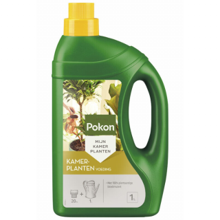 Voorkant groene fles gele dop met etiket van Pokon Kamerplanten Voeding 1 L