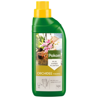 Voorkant groene fles gele dop Pokon Orchidee Voeding 500 ml