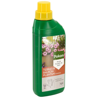 Zijkant groene fles gele dop met etiket Pokon Terras & balkon Plantenvoeding 500ml 