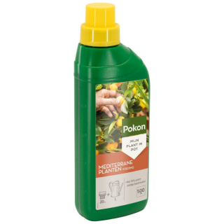 Zijkant groene fles gele dop Pokon Mediterrane Plantenvoeding 500 ml