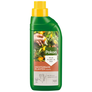 Voorkant groene fles gele dop Pokon Mediterrane Plantenvoeding 500 ml