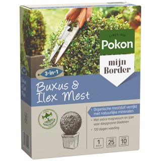 Zijkant Grijs paarse doos Pokon Buxus & Ilexmest 3 in 1 1 kg