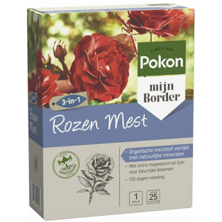 Zijkant Grijs paarse doos Pokon Rozen Mest 1kg