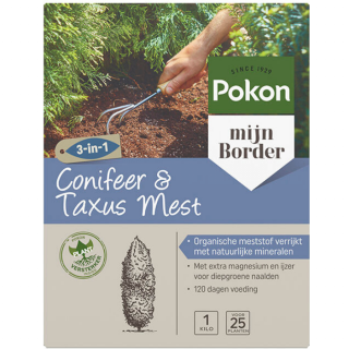 Grijs paarse doos Pokon conifeer en taxus mest 1 kg