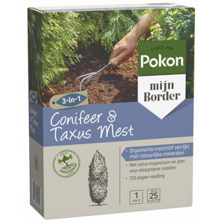 Zijkant grijs paarse doos Pokon conifeer en taxus mest 1 kg