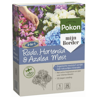 Zijkant Grijs paarse doos Pokon Rodo, Hortensia & Azalea Mest 1kg 3 in 1