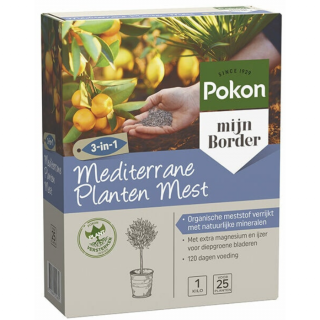 Zijkant grijs paarse doos Pokon mediterrane planten mest 1 kg