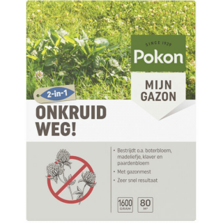 Grijze doos Pokon onkruid weg 2 in 1 1600 gram groen gras met onkruid