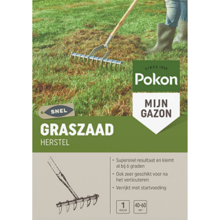 Voorkant doos Pokon graszaad herstel 1 kg gras mos verticuteerhark