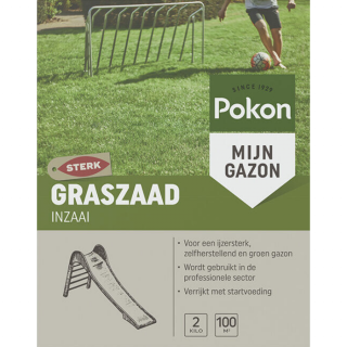 Voorkant doos Pokon graszaad inzaai 2 kg voetballend kind op groen gras