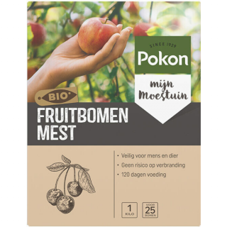 Bruine doos Pokon Fruitbomenmest Bio 1 kg Hand met rode appel