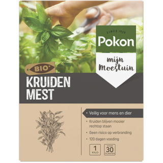 Bruine doos Pokon Bio Kruidenmest 1 kg Hand met groene basilicum