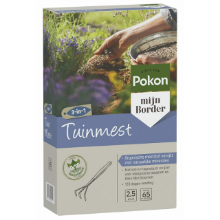 Zijkant grijs paarse doos Pokon Tuinmest 2,5 kg 3 in 1