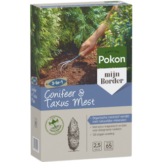 Zijkant grijs paarse doos Pokon Conifeer en Taxus Mest 2,5 kg