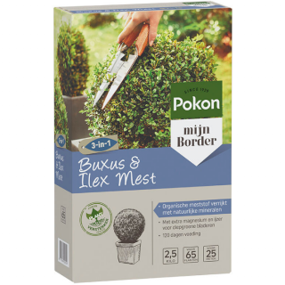 Zijkant grijs paarse doos Pokon Buxus & Ilex Mest 2,5 kg