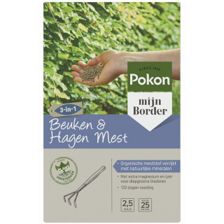 Grijs paarse doos Pokon beuken en hagen mest 3 in 1 2,5 kg