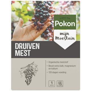 Grijsbruine doos Pokon druivenmest 1 kg hand met blauwe druiventros