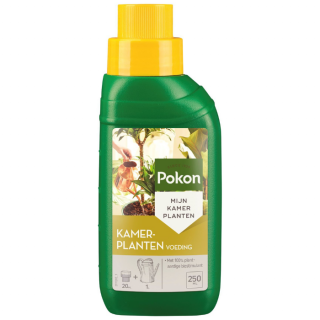 Voorkant groene fles gele dop met etiket van Pokon Kamerplanten Voeding 250 ml