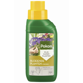 Voorkant groene fles gele dop met etiket van Pokon Bloeiende Planten Voeding 250 ml