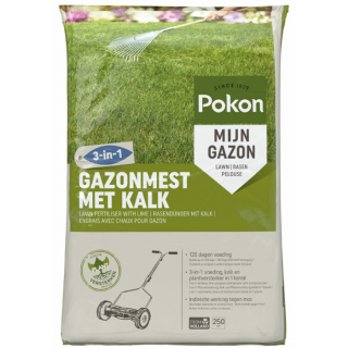 Grijsgroene plastic zak Pokon Gazonmest met Kalk 3-in-1 16,8 kg