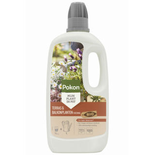 Voorkant witte fles grijze dop Pokon Terras & Balkon Plantenvoeding Bio 500 ml