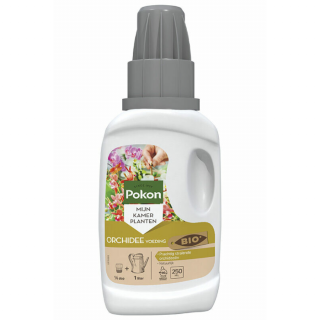 Voorkant witte fles grijze dop Pokon Orchidee Voeding 250 ml Bio