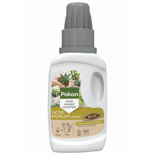 Voorkant witte fles grijze dop van Pokon Cactus en Vetplant Voeding 250 ml Bio