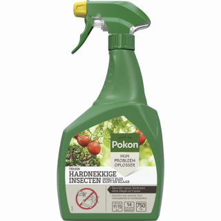 Groene fles gele spuitkop Pokon tegen insecten hardnekkige spray 750 ml