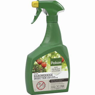 Zijkant groene fles gele spuitkop Pokon tegen insecten hardnekkige spray 750 ml