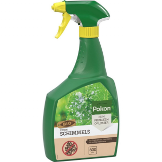 Zijkant groene fles gele spuitkop Pokon tegen schimmels spray bio 800 ml