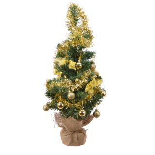 Groene kunstkerstboom goudkleurige versieringen jute voet H 60 cm