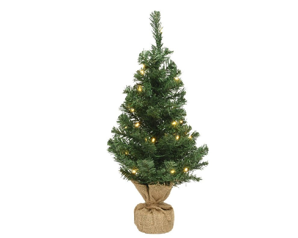 Groene mini kunstkerstboom Imperial brandende LED jute voet H 60 cm