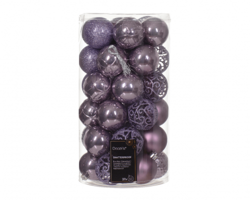 Kunstkerstballen mix lila vooraanzicht doos
